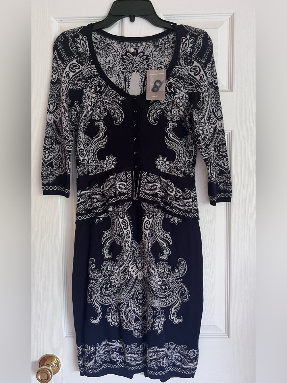 Anthropologie Navy and White Paisley Long-Sleeve Dress